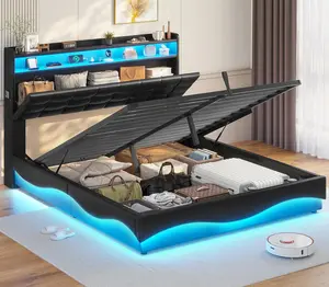 Lift Up Storage Queen Bed Frame with Type-C Charging Station& Hidden Storage Headboard, LED Lights Upholstered Platform Bed,Queen Bed with Hydraulic, No Box Spring Needed,Black