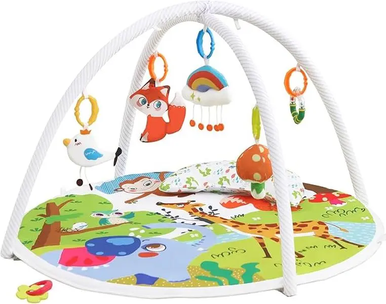 Baby Play Gym & Activity Mat for Newborns to Toddlers 7-in-1 Infant Play Gym with Sensory Toys Tummy Time Play Mat Non-Slip Learning Activity Center Motor Skills Development Language Discovery Mat with Teether