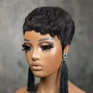 ShowRealHair 9047 Pixie Cut Short Wavy Wigs Short Pixie Cut Wig Human Hair for Black Women Full Machine Made Wigs Short Layered Pixie Cut Wig Human Hair
