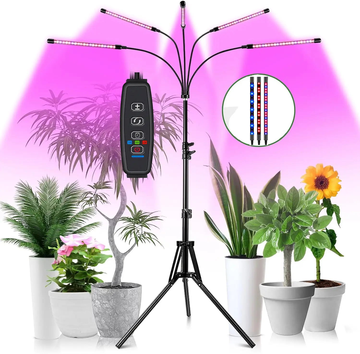 MUENING Multi-Head Metal Grow Light with Stand, Indoor Garden Grow Kit (Assembly Required), Red-Blue Dimmable LEDs with 10 Dimmable Levels, 3/9/12H Timer Control, 3 Switch Modes, Adjustable Neck for Flowers