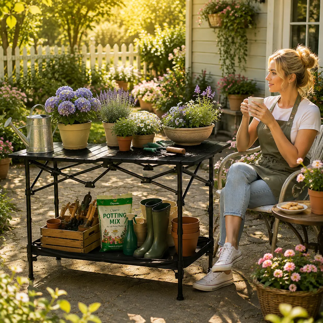 Garden Oasis Folding Table with Storage Shelves for Potting Mix & Gardening Tools - Perfect for Outdoor Activities
