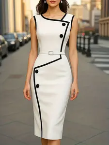 Colorblock Sleeveless Dress, Waist Cinched Tie, Fitted Bodycon Skirt, Vintage Elegant Formal Commuter OL Workwear Style, Geometric Design, Women