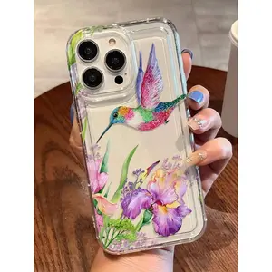 Flower 1pc Creative Floral Colorful Hummingbird Pattern Transparent Airbag TPU Anti-Fall Phone Case, Suitable For IPhone17/IPhone17 Air/IPhone17 Pro/IPhone17 Pro Max/16 Pro Max/15 Pro Max/14 Pro Max/13 Pro Max/12 Pro Max