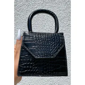 Black Crocodile Embossed Flap Satchel Handbag