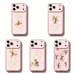 TY-Pink Curious Georgeee Floral Phone Case,Cute Cartoon Whimsical Monkey Scenes with Soft Floral Background Protector For iPhone 11 12 MINI 13 MINI 14 15 16 17 Air Pro Max for Samsung S26 S25 S24 S23 S22 S21 Case,Gift for her/him/fans