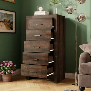 FUFU&GAGA 45" Rustic 5 Drawer Dresser for Bedroom, Tall Narrow Chest of Drawers with Metal Pull Handles, Farmhouse Vertical Storage Organizer Cabinet for Clothes, Vintage Brown Wood
