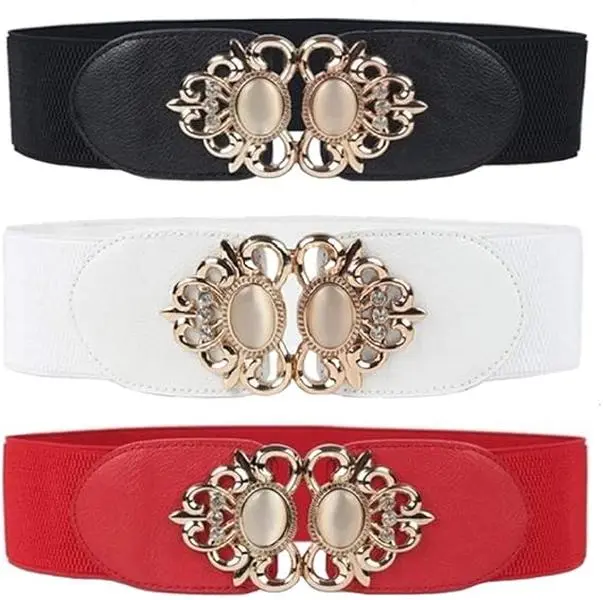 3 Pack Women’s Vintage Wide Elastic Stretch Waist Belt – Retro Stretchy Waistband for Dresses, Tunics, Cardigans, and Coats – Comfortable Plus Size Cinch Belt with Gold Buckle, Fits Waist 27″-35″ ﻿ ﻿