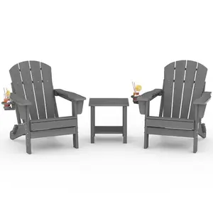 Gaomon Folding Adirondack Chair Set of 2 with Side Table, HDPE Material Outdoor Patio Chair with Cup Holder, All-Weather Wooden-Textured for Patios, Fire Pits, Wooden Texture