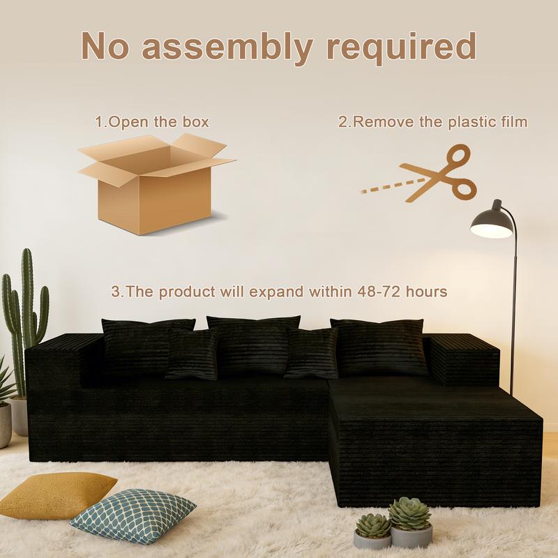 【2 Packages Shipping】Boneless Compression Sofa Bed - Modular Sofa, 105-inch Extra Large L-shaped Corner Sofa, No Assembly Required, Space-Saving, Memory Foam Seating, Suitable for Living Room and Bedroom, Black