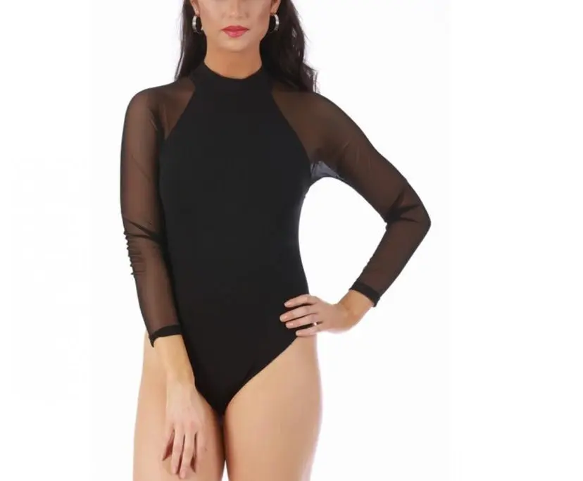 INSTANT FIGURE Bodysuit with Mesh Raglan Sleeves 168860 – Mock Neck Long Sleeve Fashion Bodysuit, Sheer Mesh Detail, Back Zipper, Stretch Fabric, Made in USA