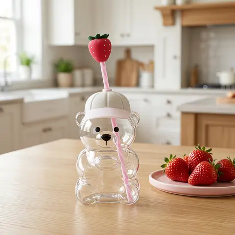 【Summer Sale】600ML Transparent Cartoon Bear Borosilicate Glass Water Bottle Set - Wide Mouth, Lightweight, Reusable, Portable, Washable, Silicone Straw Topper, Plastic Baseball Cap Lid & Stopper, Women's Holiday Gift Cup, Kitchen Drinkware