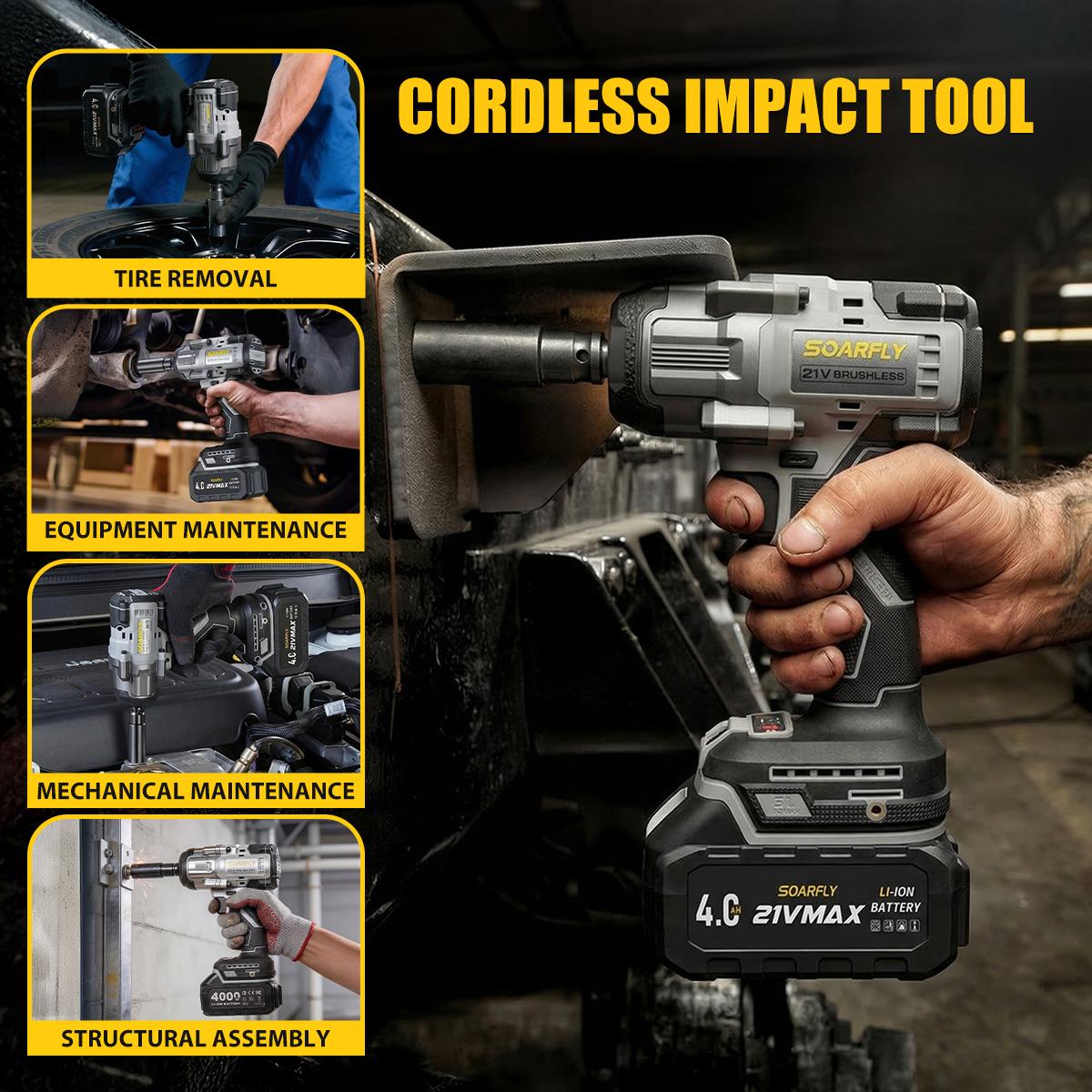 SOARFLY 900NM Electric Wrench For Automobiles, Car, Trucks, With 2x 4.0Ah Batteries, Fast Charger,  5 Sockets