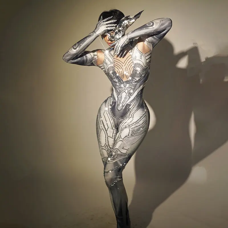 Women's Rhinestone Mechanical Android Bodysuit - Milk Silk Full Body Robot Armor Clothes, Cyberpunk Cosplay Costume for Halloween, Photoshoot