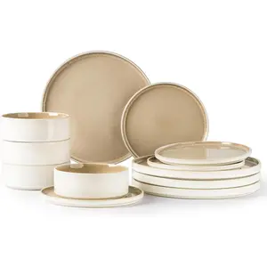 Ceramic Dinnerware Sets, Handmade Reactive Glaze Plates and  Sets,Highly Chip and Crack Resistant | Dishwasher & Microwave Safe Dishes Set, Service for 4 (12pc)