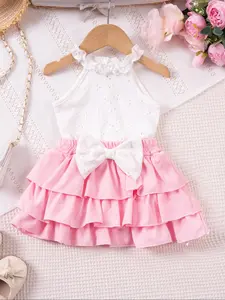 Two-piece Set Toddler Girl's Solid Ribbed Lace Trim Tank Top & Bow Decor Cake Skirt for Party Holiday Vacation, Kids Summer Clothes, Baby Clothing, Cute Newborn Gift Set