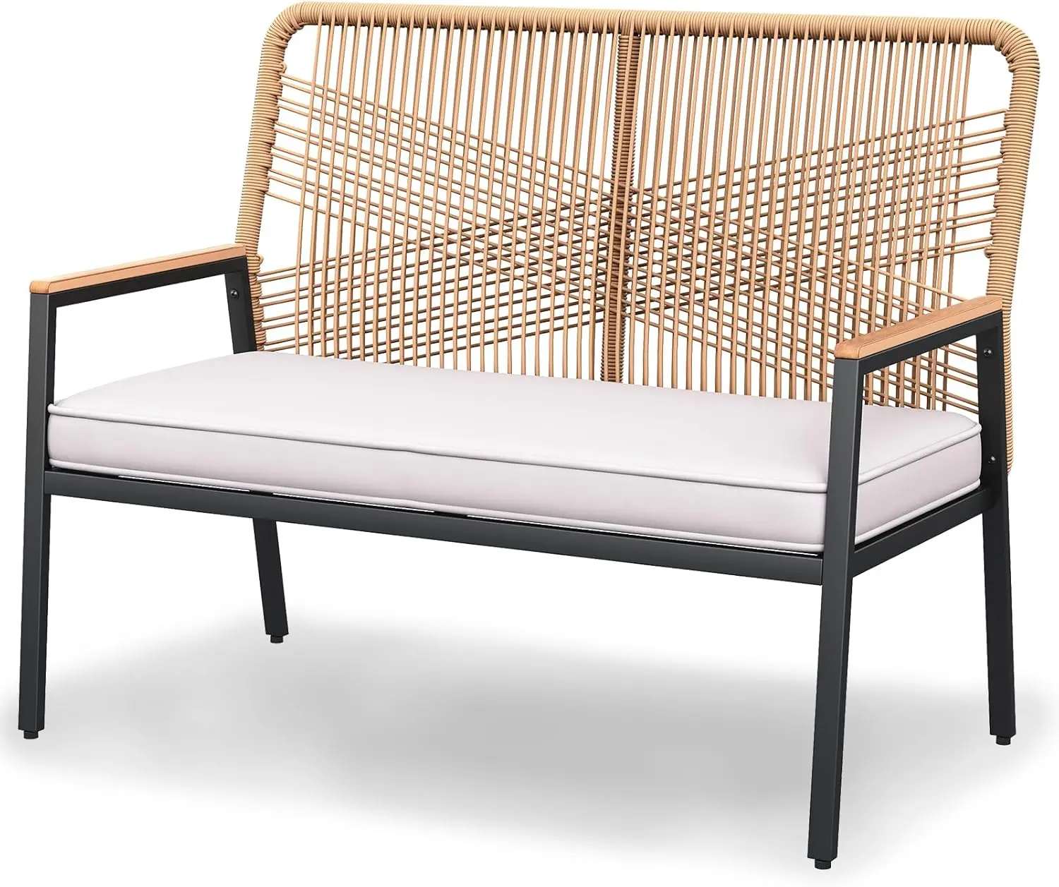 LIFERUN 2-Seat Outdoor Patio Bench, 43 in Wide Iron and Wicker Loveseat with 3.15 in Thick Cushion, Ergonomic Curved Backrest, WPC Armrests and 500 lb Capacity, Easy-Assembly Garden Bench for Balcony, Porch, Deck and Backyard Home Makeover