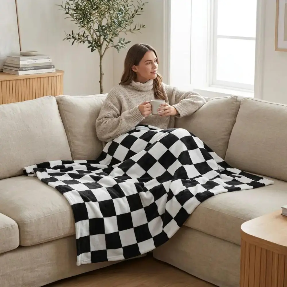 Classic Black & White Checkerboard Flannel Throw Blanket - Soft Plush HD Print Cover for Cozy Afternoon Naps, Home Lounging.For all ages