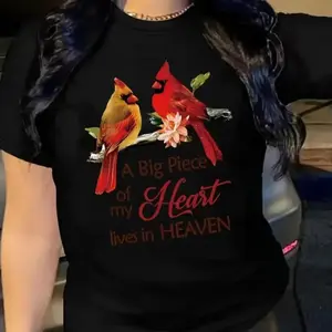 [Heart Print T-Shirt] Women's Casual Short Sleeve Crew Neck T-Shirt - A Big Piece of My Heart Lives in Heaven Design, Cardinal Bird & Heart Print, Green with Red & Pink Accents, Spring & Summer Heart Print Shirt