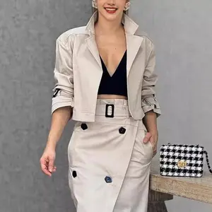2025 women’s two-piece set featuring a lapel patchwork design, long-sleeve top and skirt, with a belt included