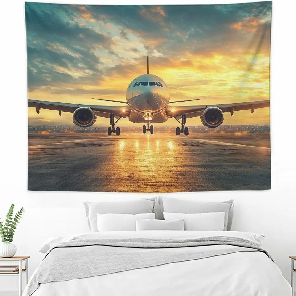 Aviation-Themed Synthetic Sunset Cityscape Aircraft Print Tapestry, Horizontal Indoor Wall Art with Detailed Design, Cool Bedroom Decor, Indoors