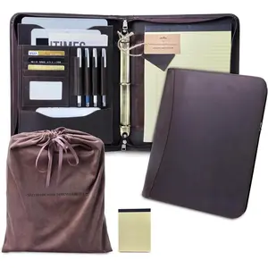 Crazy Horse  Zippered Padfolio with 3-Ring Binder, A4/Letter Portfolio Organizer for Work, Fits 13.9" Tablet, Business Document Folder for Meetings & Interviews (Brown)