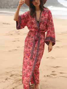 Women's Floral Print Tie Side Kimono, Boho Casual Long Sleeve Open Front Cover Up for Beach Vacation Holiday, Ladies Clothes for All Seasons, Beach Outdoor Wear, swimsuit cover ups, Beach Cover Ups, Swimwear Cover Up