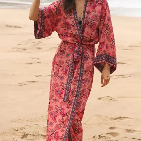Women's Floral Print Tie Side Kimono, Boho Casual Long Sleeve Open Front Cover Up for Beach Vacation Holiday, Ladies Clothes for All Seasons, Beach Outdoor Wear, swimsuit cover ups, Beach Cover Ups, Swimwear Cover Up, Cover Up Beachwear, Beach Coverups
