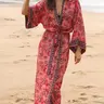 Women's Floral Print Tie Side Kimono, Boho Casual Long Sleeve Open Front Cover Up for Beach Vacation Holiday, Ladies Clothes for All Seasons, Beach Outdoor Wear, swimsuit cover ups, Beach Cover Ups, Swimwear Cover Up, Cover Up Beachwear, Beach Coverups