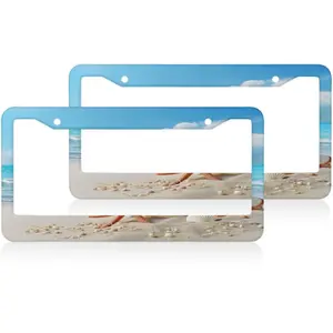 Seashells Starfish License Plate Frame Universal Accessories Cars Decor with 2 Holes and Screws Fits Us Standard License Plates 12.2x6.3 Inch Set of 2 pieces ﻿