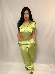 SATIN SET PANT SET GREEN AND BLACK