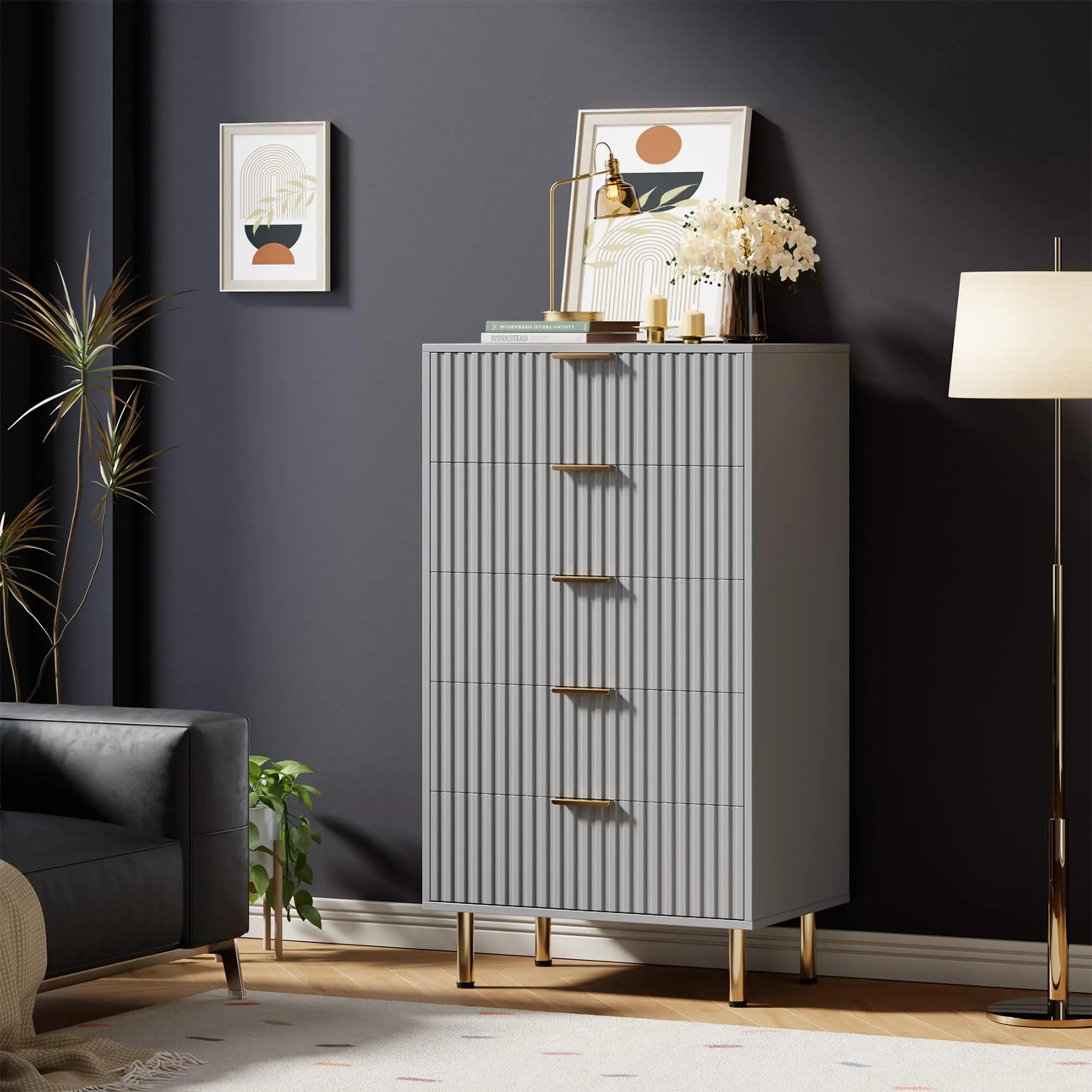 GARVEE Fluted 5 Drawer Dresser for Bedroom, 48" Tall Modern Chest of Drawers with Deep Drawers and Wide Top, for Living Room, Hallway, Grey
