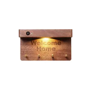 Key Holder with Storage Light, Wooden Hooks, Motion-Activated Light, Magnetic Wall-Mounted Hook Rack with Key Storage Compartment, Solid Wood, Ideal for Entryways, Bedrooms, and Hallways