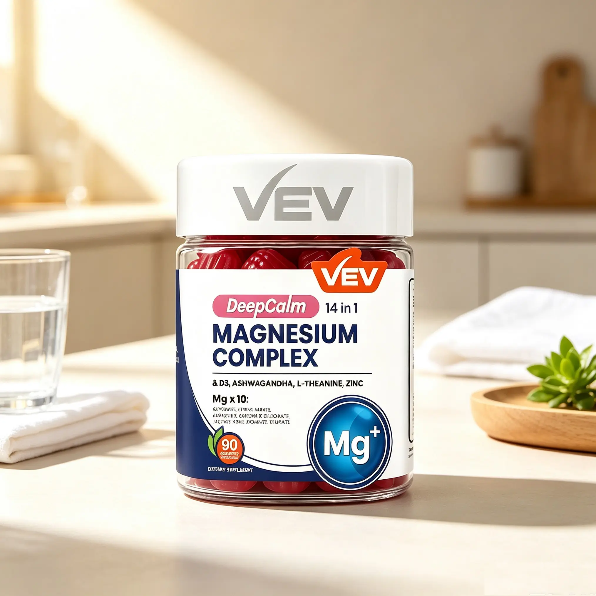 VEV DeepCalm 14-in-1 Magnesium Glycinate Complex Gummies, Stress Sleep & Muscle Support with Ashwagandha L-Theanine D3 Zinc, Cortisol Supplement, Sugar Free Vegan High Absorption Magnesium, 90 Count