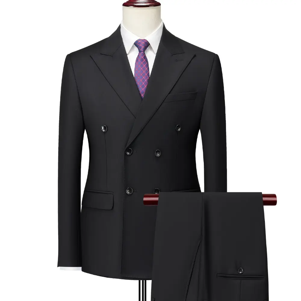 Men's 3-Piece Classic Double-Breasted Suit Set - Formal Polyester-Rayon Blend Blazer with Pants for Weddings, Prom