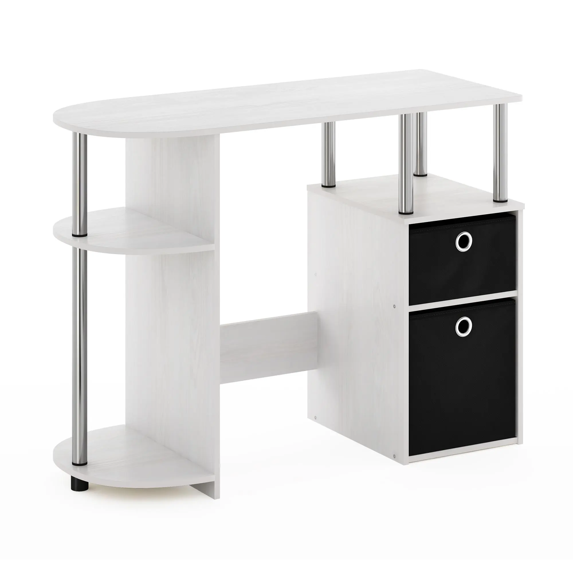 Small-space setup solved: the JAYA Desk in White Oak/Stainless Steel gives you a 38.4-inch desk with a side shelf and bin drawers, making it a smart fit for a dorm, bedroom, or home office., Drawers Desks, Minimalist Modern Desks