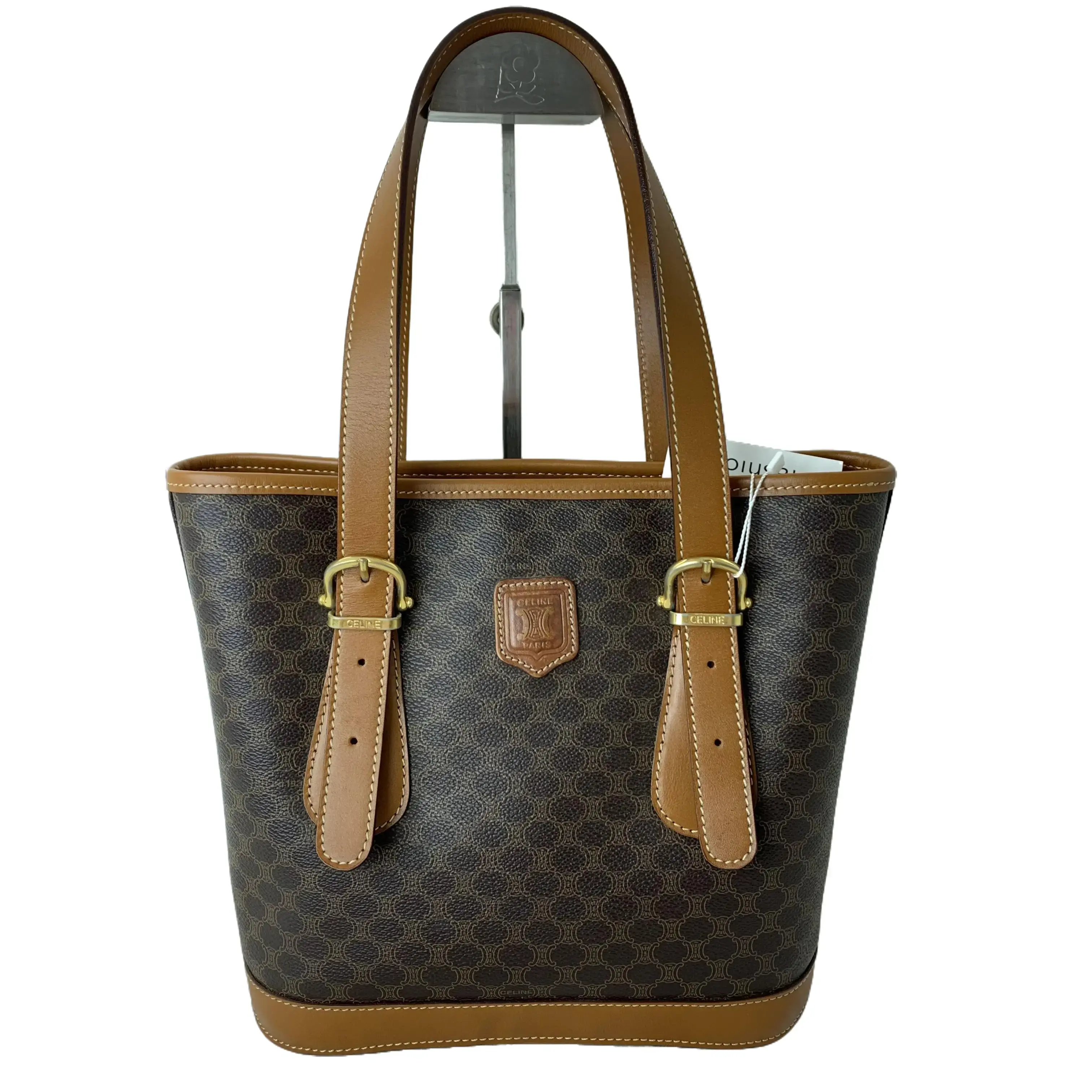Pre-owned Celine Triomphe Vintage Monogram Canvas Mini Bucket Tote Shoulder Bag, Tan Vachetta Leather Trim & Gold Hardware TKB00000159