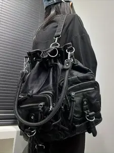 Multi pocket motorcycle bag Y2K zipper drawstring backpack Multi functional bucket shaped single shoulder crossbody bag Personalized Y2K spicy girl motorcycle bag, street style washed plain color city bag