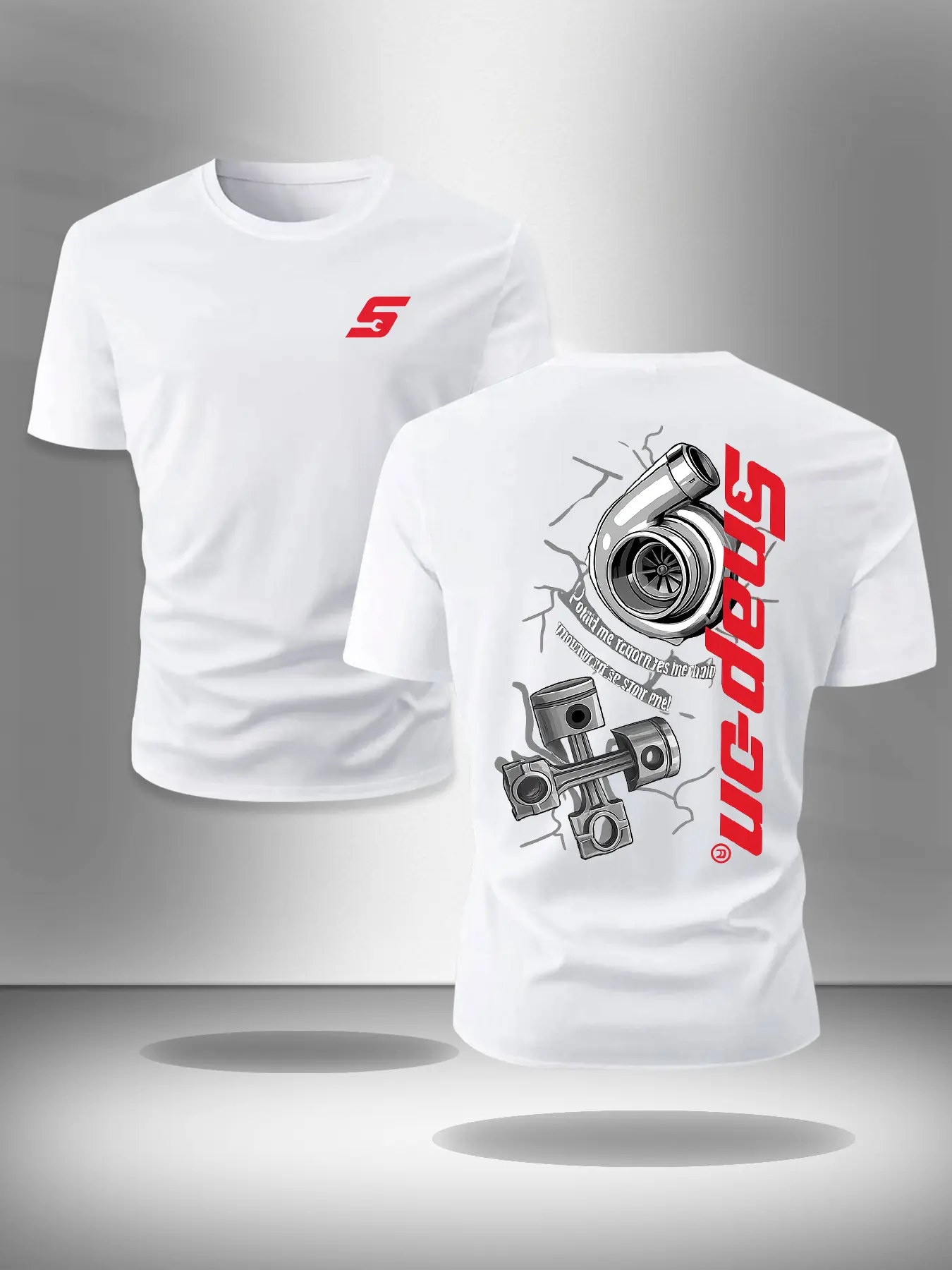 Turbocharger Piston T-shirt - Black Crewneck Round Neck Long T-shirt with small front and back Graphic patterns of turbocharger and piston, mechanical style, men's Fitted T-shirt, casual wear, gift for car enthusiasts, top men's streetwear casual wear