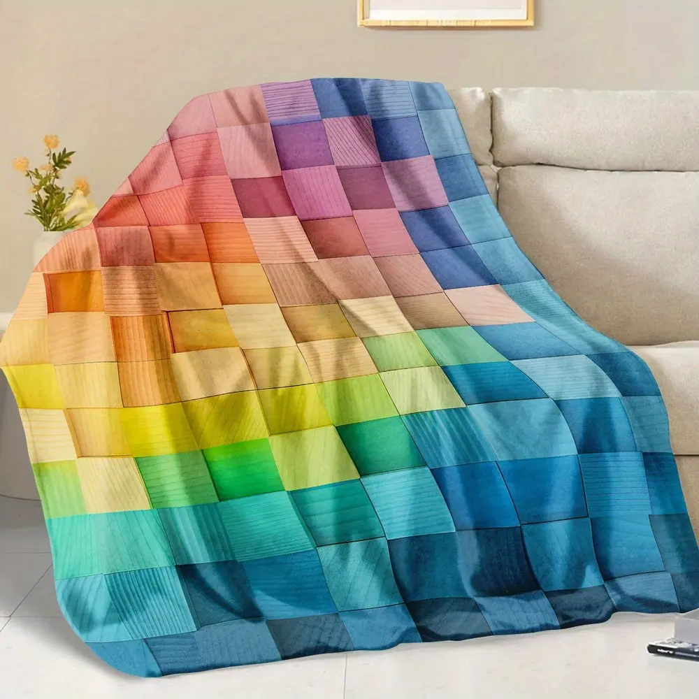 Rainbow Gradient Wooden Patchwork Flannel Blanket - Soft, Cozy, Fuzzy Plush Boho Aesthetic Throw, Ideal Gift for Women, Kids for Bedroom, Sofa Home Decor