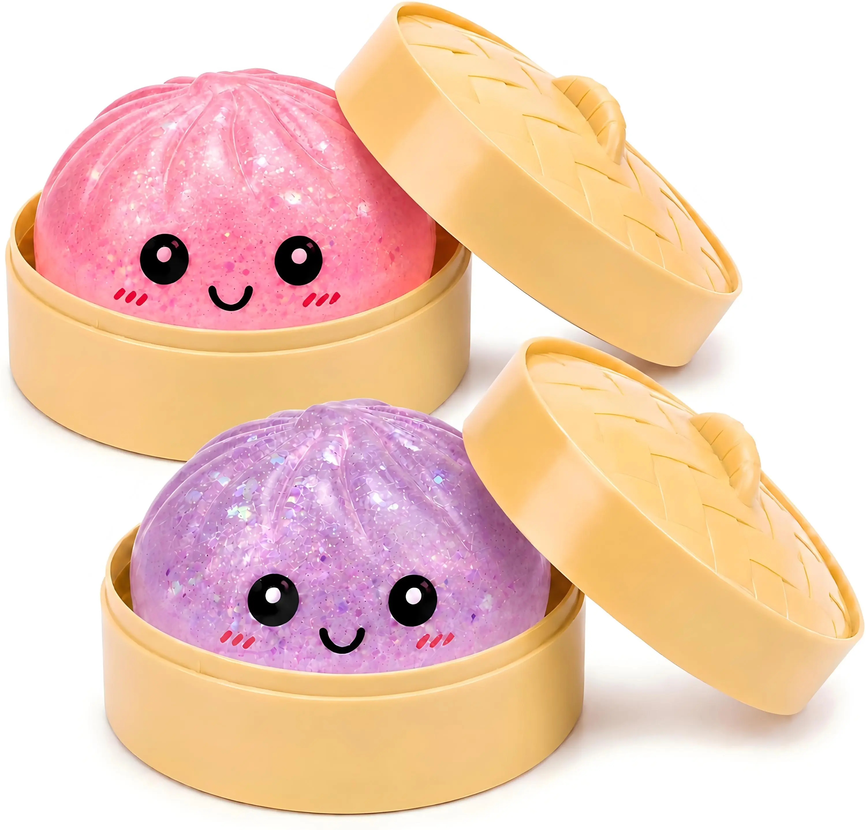 KIDGENIUS  Dumpling Squishies - Clear Glitter, Slow Rising Bao Bun, Soft Squishy Fidget Toy - Silent, Cute Desk Stress Relief, Birthday Gift for Kids Summer Party Favor