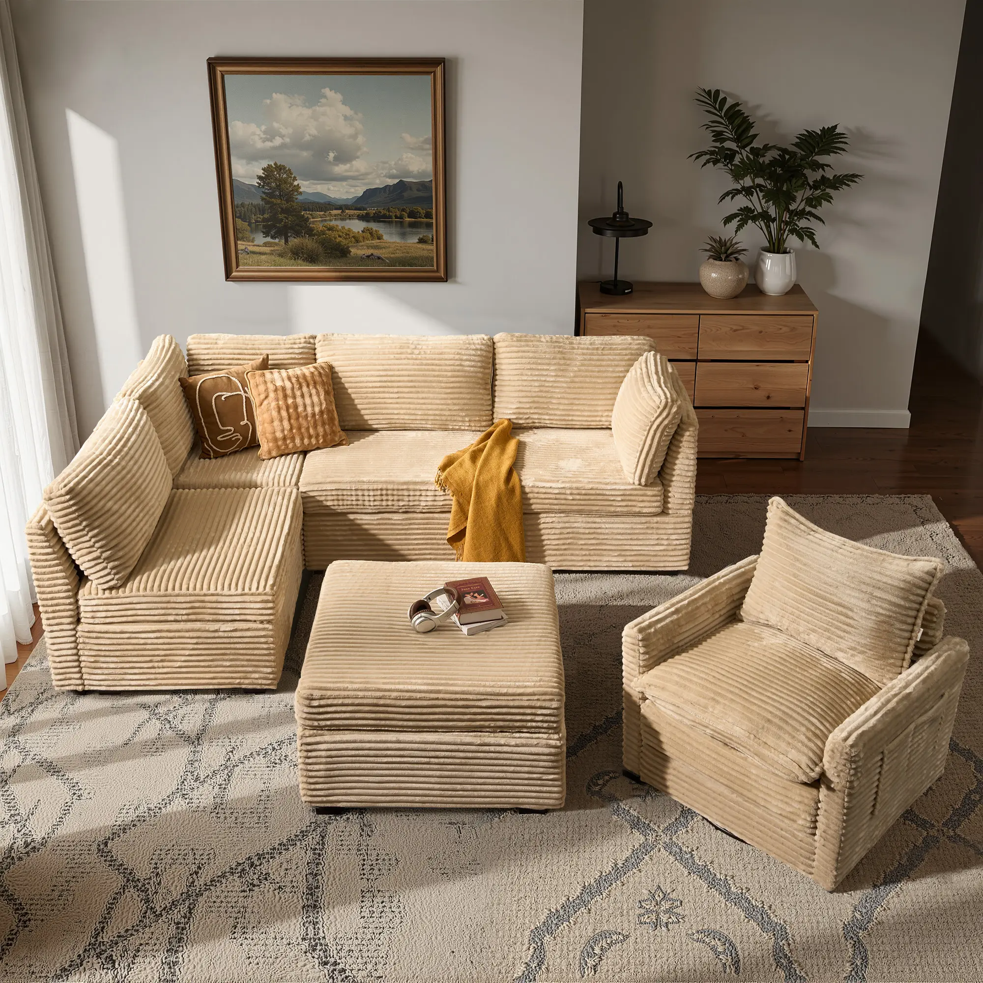 HOOOWOOO 6-Piece Modern L-Shaped Cloud Couch, Modular Sectional Sofa Set with Ottoman & Swivel Accent Chairs, Flexible Arrangement, Tool-Free, Easy Assembly【6 Packages Shipping】