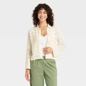 Women's Collared Crochet Cardigan - A New Day