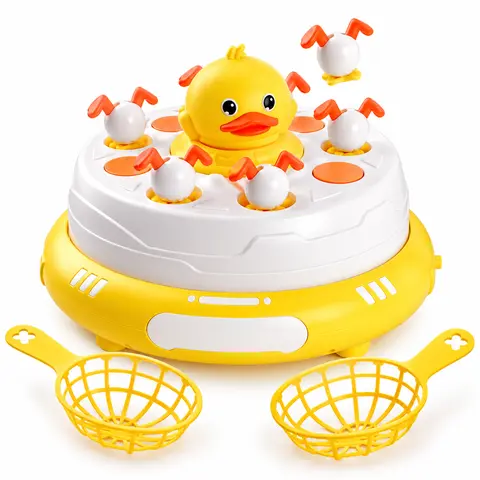 Rotating Pop-Up Duck Catching Game with Music and 2 Catcher Nets, Bouncing Duck Tabletop Toy