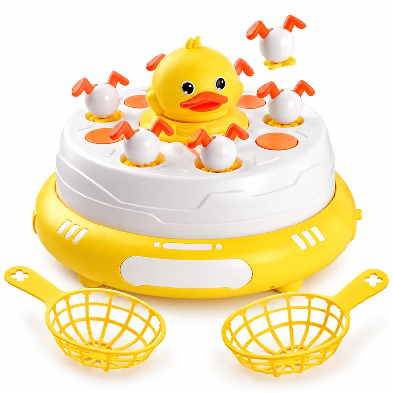 Rotating Pop-Up Duck Catching Game with Music and 2 Catcher Nets, Bouncing Duck Tabletop Toy
