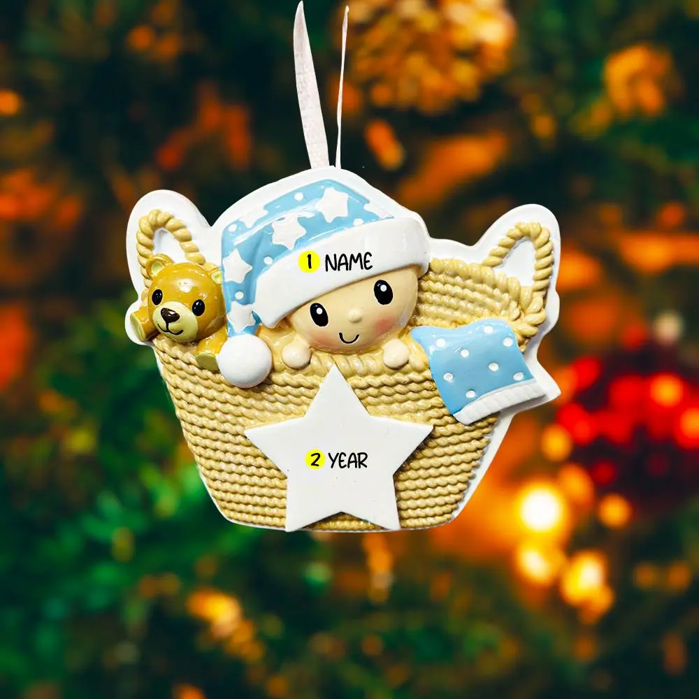 Personalized Baby Boy First Christmas Ornament | Baby Basket Keepsake for Newborn | Raised 3D Details