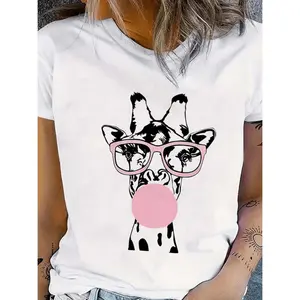 Women's Cute Giraffe Graphic Short Sleeve T-Shirt - Playful Pink Glasses & Bubble Gum Design, Breathable Crew Neck Casual Top, Medium Stretch Machine-Washable Summer & Spring Tee, Giraffe Gifts