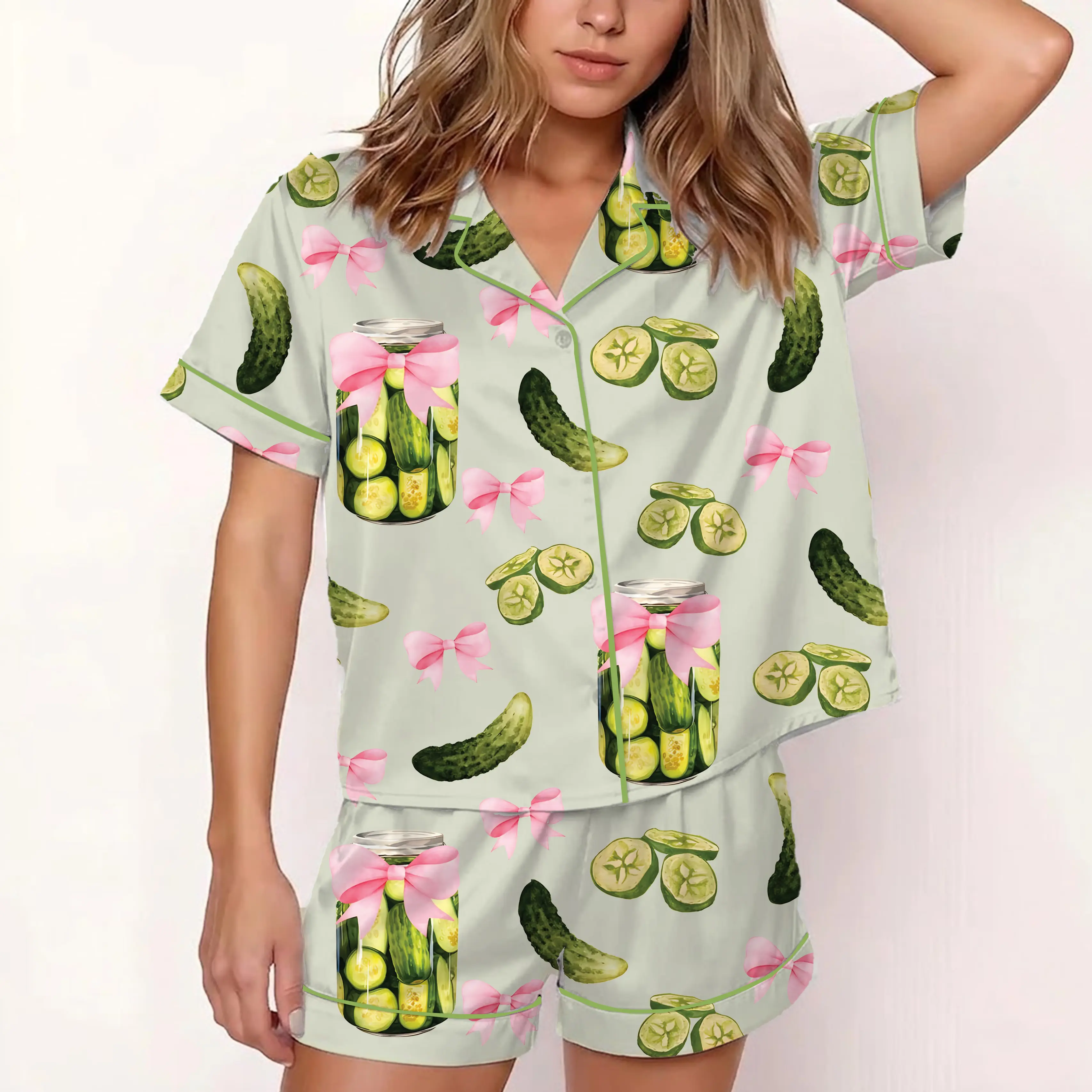 Pickle Jar Pajama Set, Pickle  Coquette Sleepwear, Dill Pickle Lover Gift , Canned Pickles Satin Pajamas