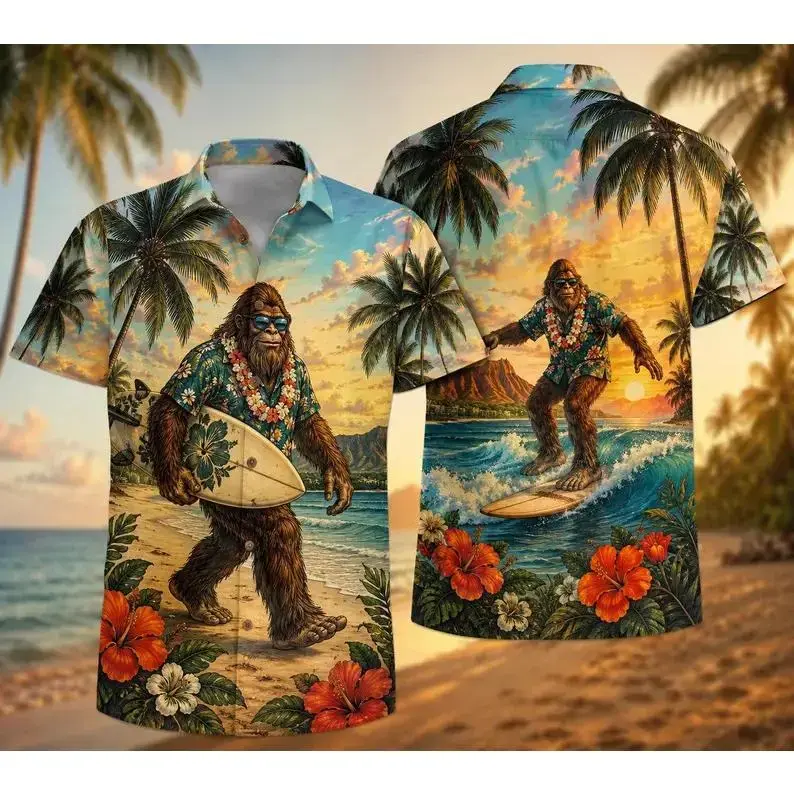 Hawaii Shirt, Hawaiian Shirt, Surfing Shirt, Sasquatch Shirt, Tropical Shirt, Palm Tree Shirt