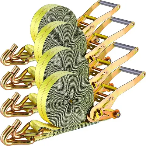 TLGREEN 4-Pack Heavy-Duty UV-Resist Polyester Ratchet Tie Down Straps, 2in Width x 27ft Length Adjustable, Double J Hook, 11000lbs Break Strength for Trucks, Car Bumpers, Adjustable Length, 2 Inches Width