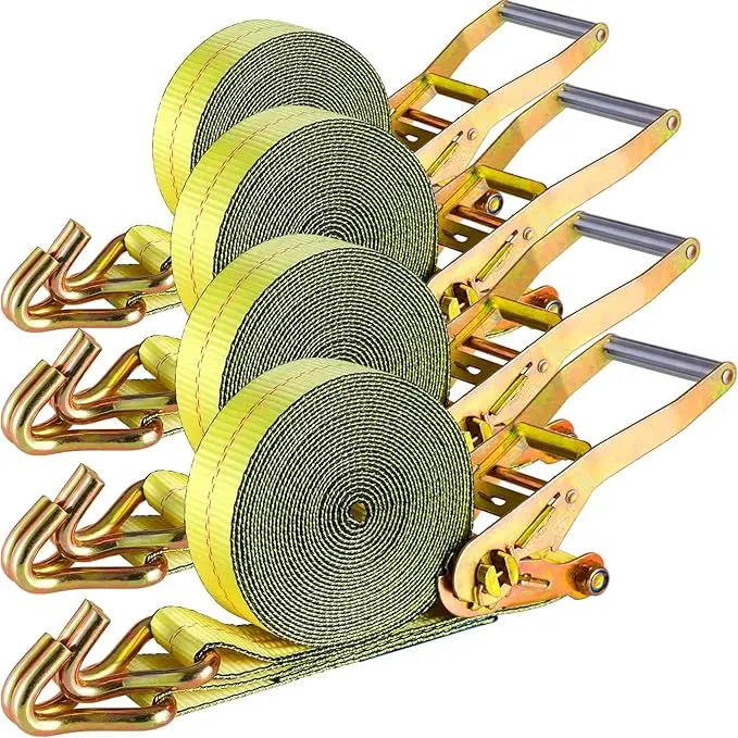 TLGREEN 4-Pack Heavy-Duty UV-Resist Polyester Ratchet Tie Down Straps, 2in Width x 27ft Length Adjustable, Double J Hook, 11000lbs Break Strength for Trucks, Car Bumpers, Adjustable Length, 2 Inches Width